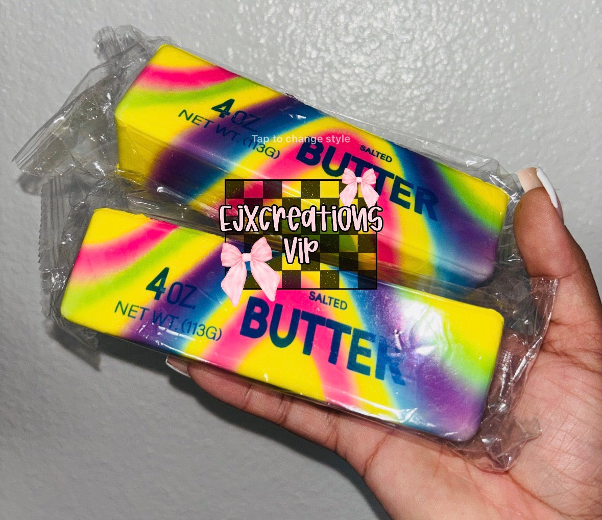 On hand rainbow squishy butter