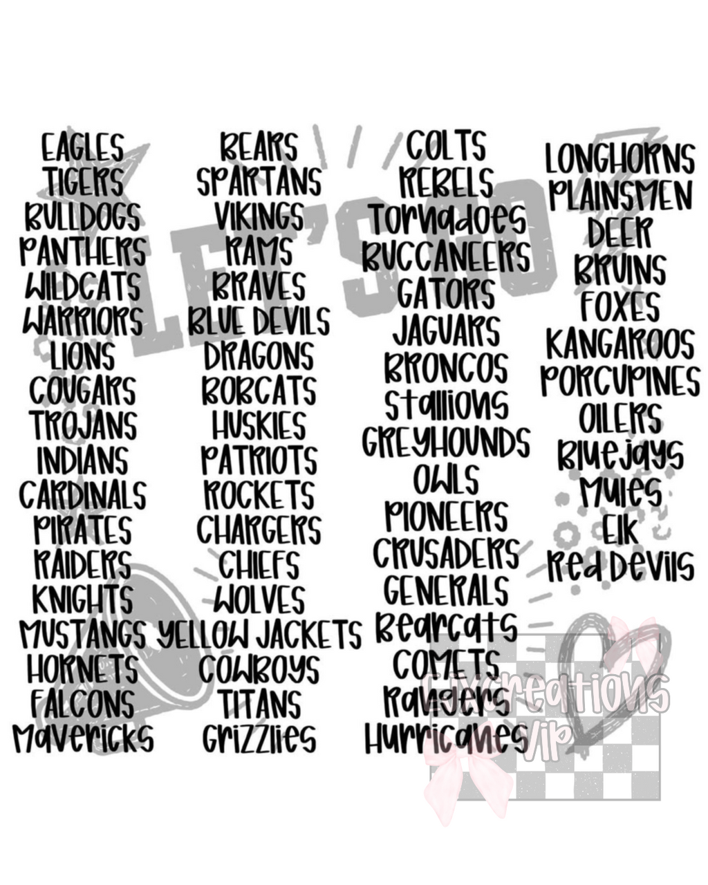 Let’s go, mascots (65 mascot choices)